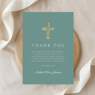 Carte De Remerciements Croix Religieuse Verte Élégante Bpy Confirmation