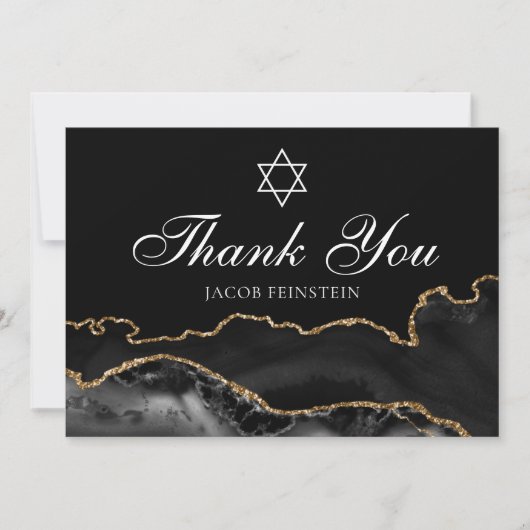 Carte De Remerciements Custom Bar Mitzvah Black Gold Star de David Juif (Devant)