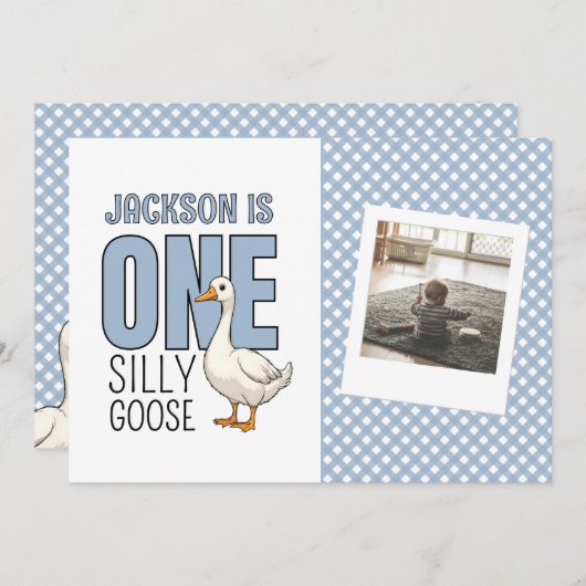Carte De Remerciements Custom Modern Blue One Silly Goose First Birthday (Devant / Derrière)