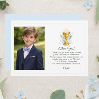 Carte De Remerciements Custom Photo First Holy Communion Blue