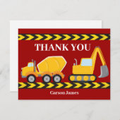 Carte De Remerciements Custom Red Construction Camion Boys fête d'anniver (Devant / Derrière)