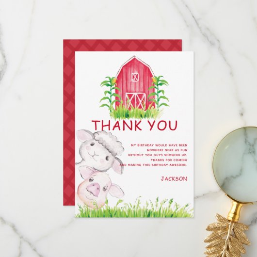 Carte De Remerciements Cute Aquarelle Animaux de ferme (Devant/Arrière en situation)