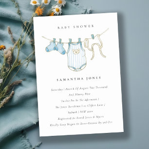 Carte De Remerciements Cute Baby Clothesline Garçon bleu Baby shower Invi