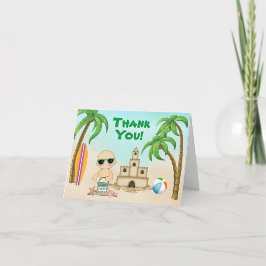 Carte De Remerciements Cute Beach Baby, Sandcastle et Surfboard (Devant)