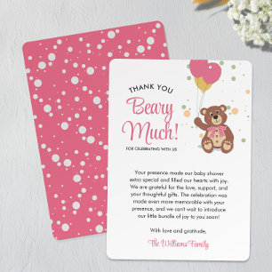 Carte De Remerciements Cute Bear Cub et Balloons Rose Baby shower fille