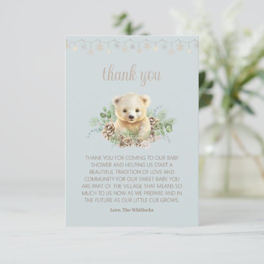 Carte De Remerciements Cute Bear Cub Winter Greenery Blue Boy Baby shower (Debout devant)