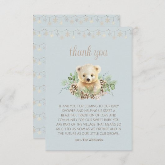 Carte De Remerciements Cute Bear Cub Winter Greenery Blue Boy Baby shower (Devant / Derrière)
