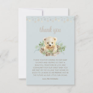 Carte De Remerciements Cute Bear Cub Winter Greenery Blue Boy Baby shower