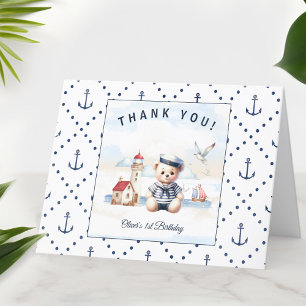 Carte De Remerciements Cute Bear Saior Nautical Blue 1er Birthday Boy