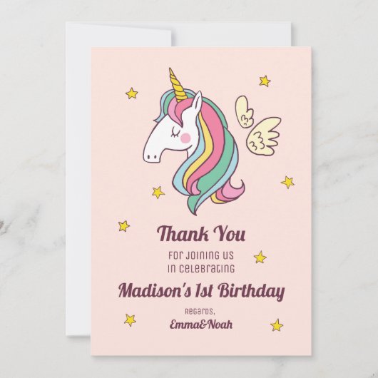Carte De Remerciements Cute Birthday Doodle Flying Rainbow Unicorn (Devant)