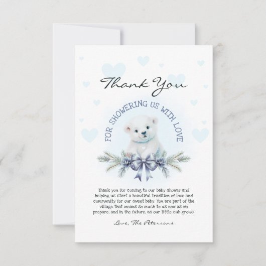 Carte De Remerciements Cute Blue Bow Bear Cub Garçon Baby shower d'hiver (Devant)
