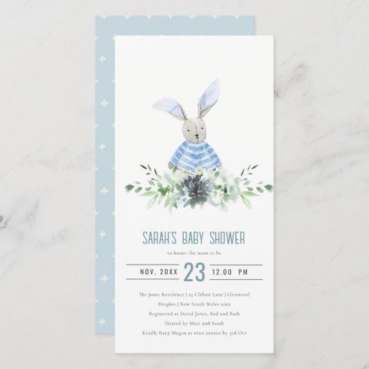 Carte De Remerciements Cute Blue Bunny Jardin Fauna Baby shower Invitatio (Devant / Derrière)