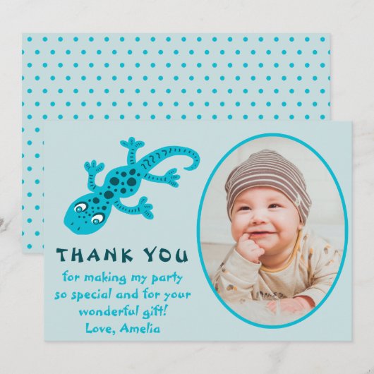 Carte De Remerciements Cute Blue Gecko Lizard Kid Photo Anniversaire (Devant / Derrière)