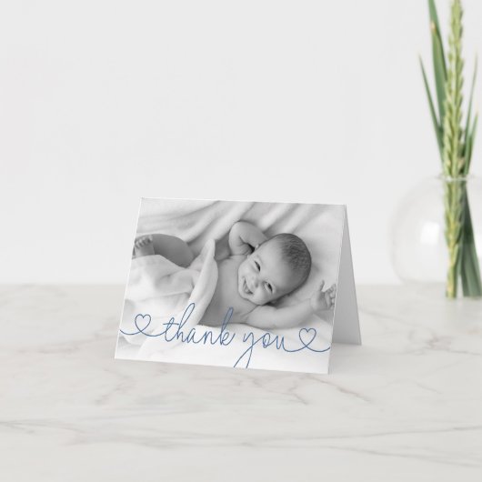 Carte De Remerciements Cute Blue Heart Script Custom Baby Boy Photo (Devant)