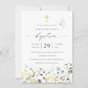 Carte De Remerciements Cute Blue Meadow Floral Butterfly Baptism Invitati