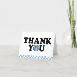 Carte De Remerciements Cute Blue Preppy Smile Anniversaire À damiers