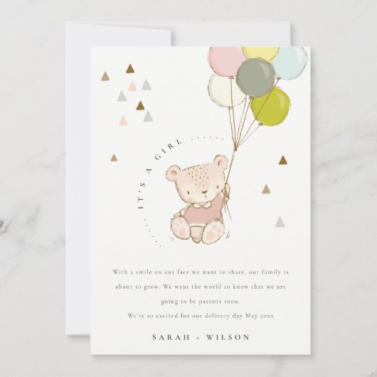Carte De Remerciements Cute Blush Bear Balloon Baby Announcement Card (Devant)