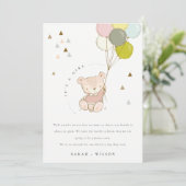 Carte De Remerciements Cute Blush Bear Balloon Baby Announcement Card (Debout devant)