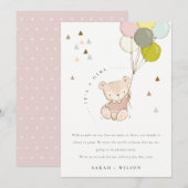 Carte De Remerciements Cute Blush Bear Balloon Baby Announcement Card (Devant / Derrière)