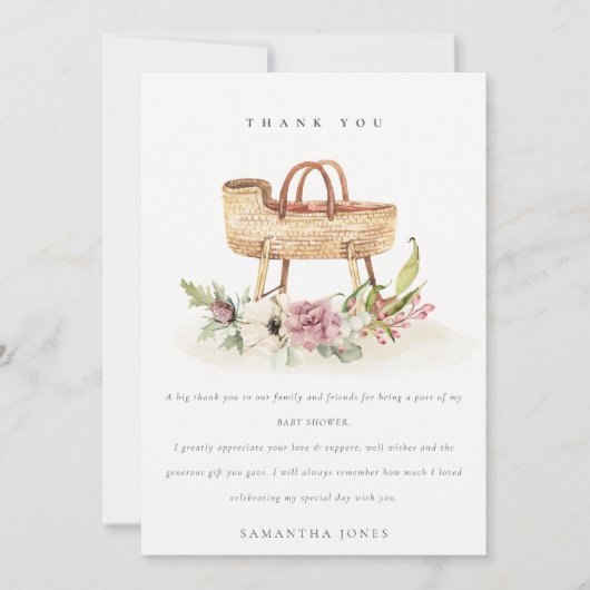 Carte De Remerciements Cute Boho Nursery Baby shower rose Floral Bassinet (Devant)
