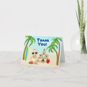 Carte De Remerciements Cute Boy Beach Baby Sandcastle and Surfboard