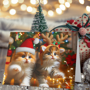 Carte De Remerciements Cute chatons avec le Père Noël et casquettes de re