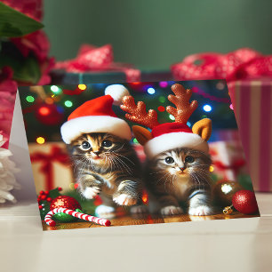 Carte De Remerciements Cute chatons avec le Père Noël et casquettes de re