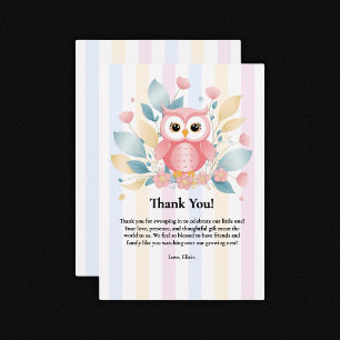Carte De Remerciements Cute Chouette rose Pastel Baby shower Floral Desig