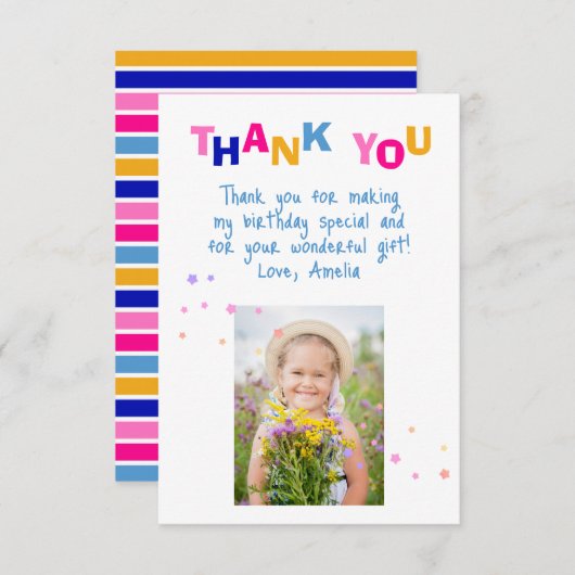 Carte De Remerciements Cute Colorful Stars Girl Photo Anniversaire (Devant / Derrière)