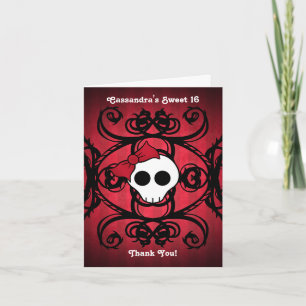 Carte De Remerciements Cute crâne gothique sur rouge et noir doux 16