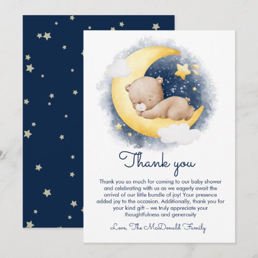 Carte De Remerciements Cute Crescent Moon Teddy Bear Baby shower (Devant / Derrière)