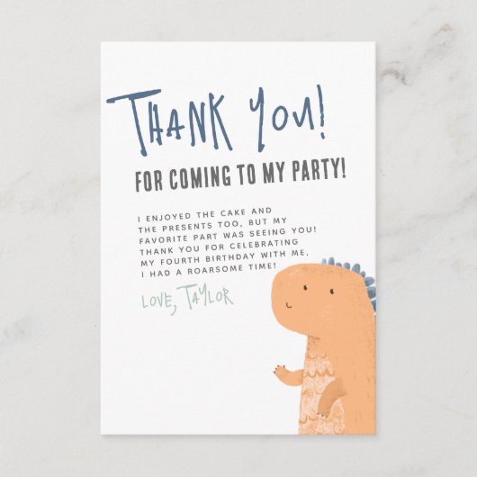 Carte De Remerciements Cute Dinosaur écriture manuscrite Garçon fête d'an (Devant)