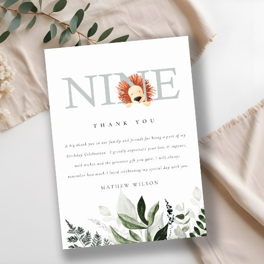 Carte De Remerciements Cute Dusky Blue Lion Foliage 9e Anniversaire