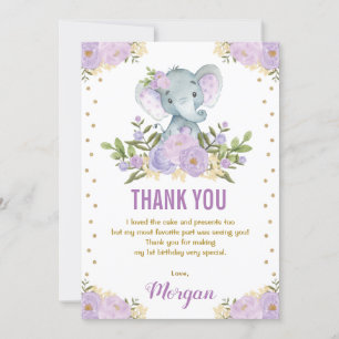 Carte De Remerciements Cute Eléphant Lavande Purple Or Floral