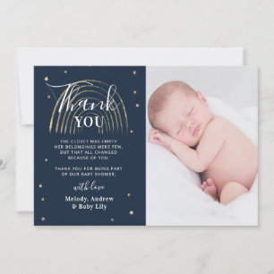 Carte De Remerciements Cute Gold Star & Rainbow Baby shower Photo