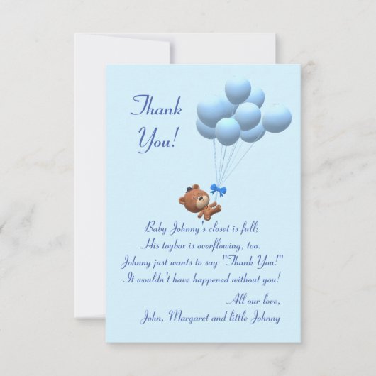Carte De Remerciements Cute It's a Boy Teddy Bear and Balloons Theme (Devant)