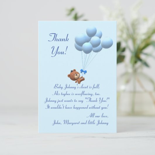 Carte De Remerciements Cute It's a Boy Teddy Bear and Balloons Theme (Debout devant)