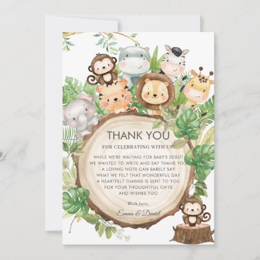 Carte De Remerciements Cute Jungle Animaux Baby shower de verdure (Devant)