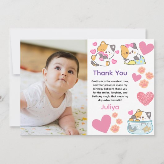 Carte De Remerciements Cute kitty avec bébé photo anniversaire (Devant)