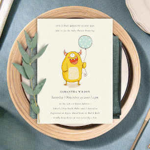 Carte De Remerciements Cute Little Aqua Yellow Monster Baby shower Invita