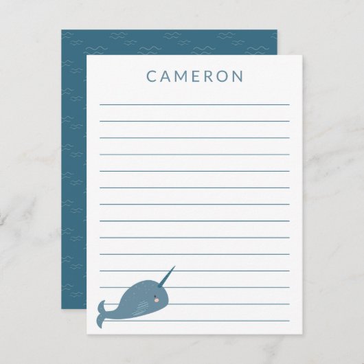 Carte De Remerciements Cute Narwhal en bleu Personnalisé Enfants Linked (Devant / Derrière)