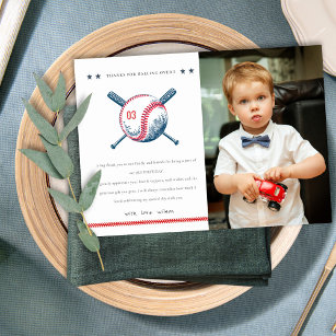Carte De Remerciements Cute Navy Red Baseball Enfants Photo Anniversaire