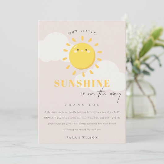 Carte De Remerciements Cute Notre Petit Baby shower Fille Blush Sunshine (Debout devant)