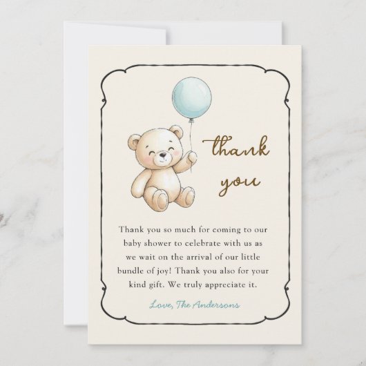Carte De Remerciements Cute retro Bear Baby Boy shower Thank you card (Devant)