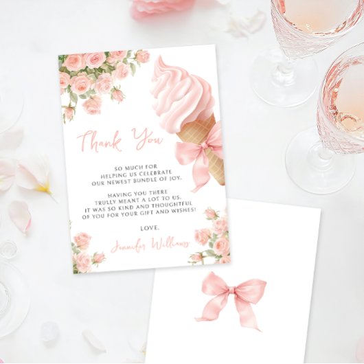 Carte De Remerciements Cute Rose Bow glace crème été bébé fille douche