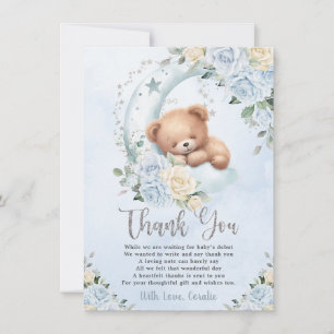 Carte De Remerciements Cute Sleepy Teddy Bear Blue Floral Boy Baby shower