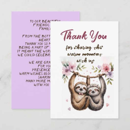Carte De Remerciements Cute Sloth Couple Wedding Thank You (Devant / Derrière)