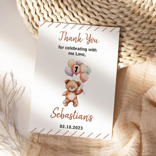 Carte De Remerciements Cute Teddy Bear 1er Anniversaire | Douce Ourse