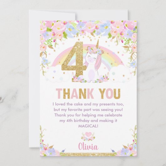 Carte De Remerciements Cute Unicorn 4e anniversaire Rainbow Floral (Devant)