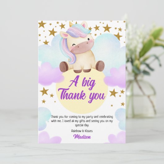 Carte De Remerciements Cute Unicorn et Gold Stars Anniversaire (Debout devant)